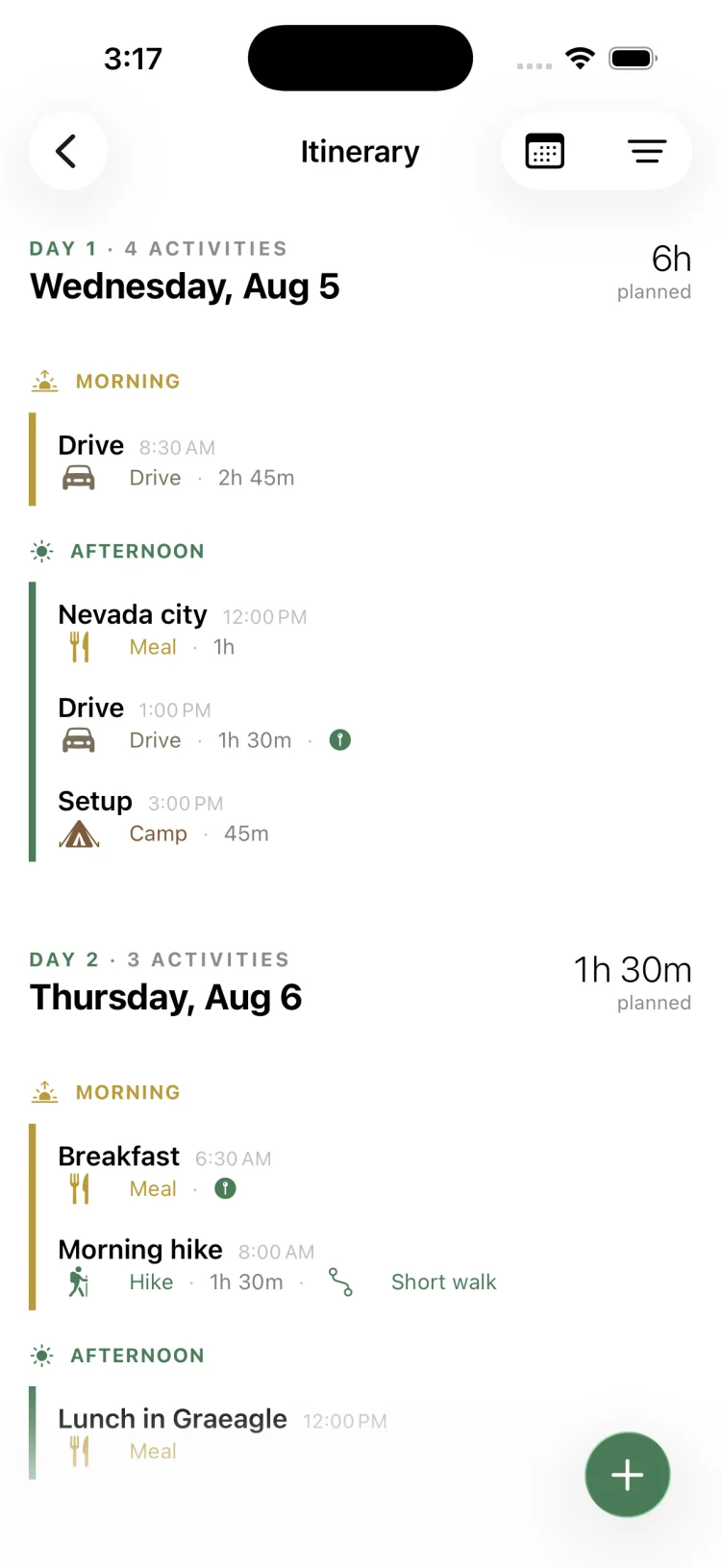 GoVenture day-by-day backpacking itinerary showing morning and afternoon activities with times and durations