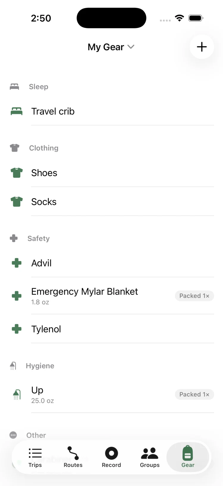 GoVenture My Gear inventory organised into sleep, clothing, safety and hygiene categories with item weights and packed labels