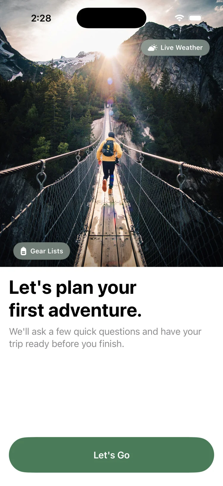 GoVenture onboarding screen inviting a new user to plan their first outdoor adventure