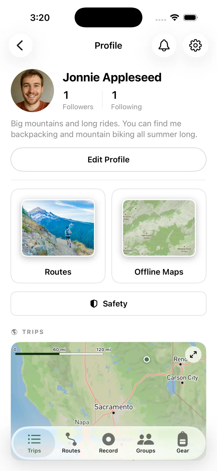 GoVenture profile screen with saved routes, offline maps and safety shortcuts plus a map of past trips