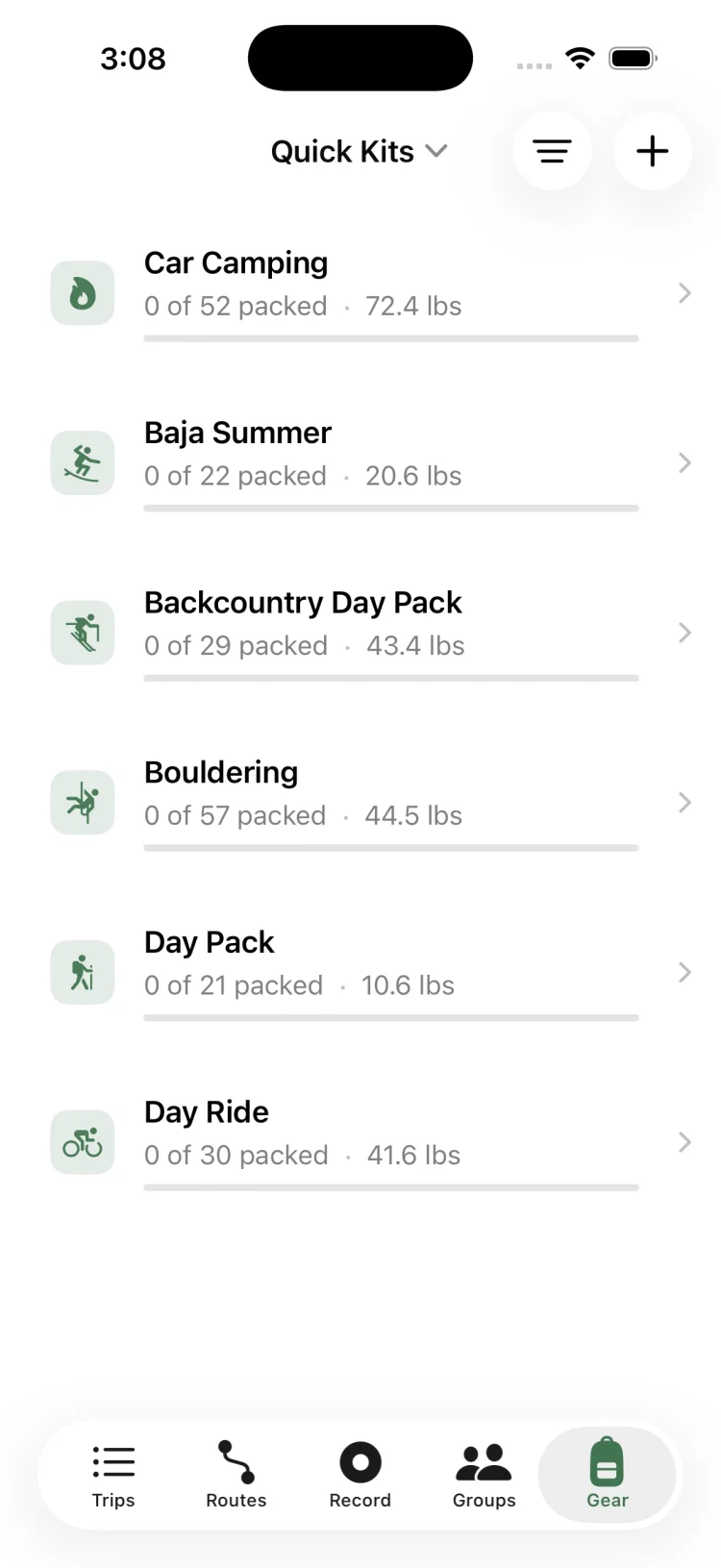 GoVenture Quick Kits list showing Car Camping, Backcountry Day Pack, Bouldering and Day Ride kits with packed counts and total weight