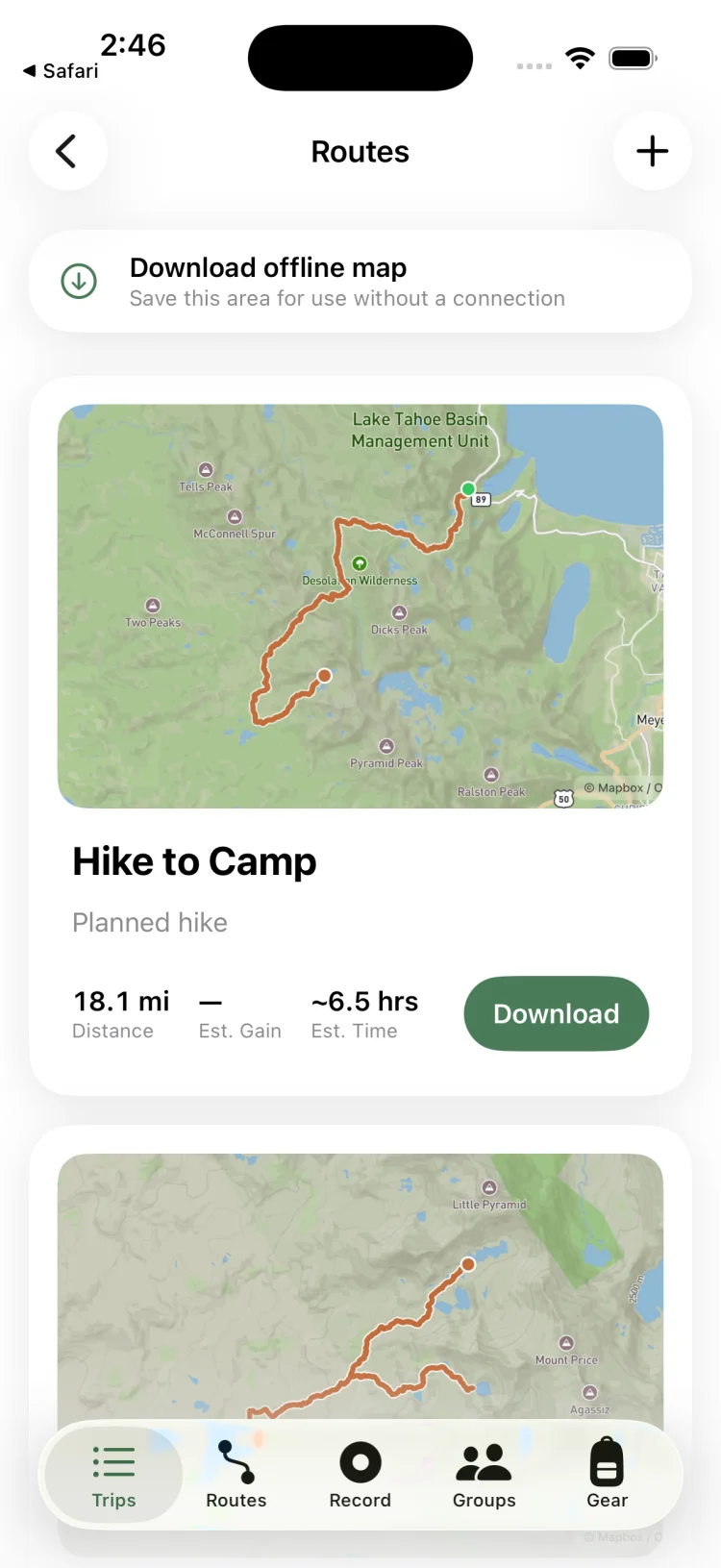 GoVenture routes list with offline map download option and route cards showing distance, elevation gain and estimated time