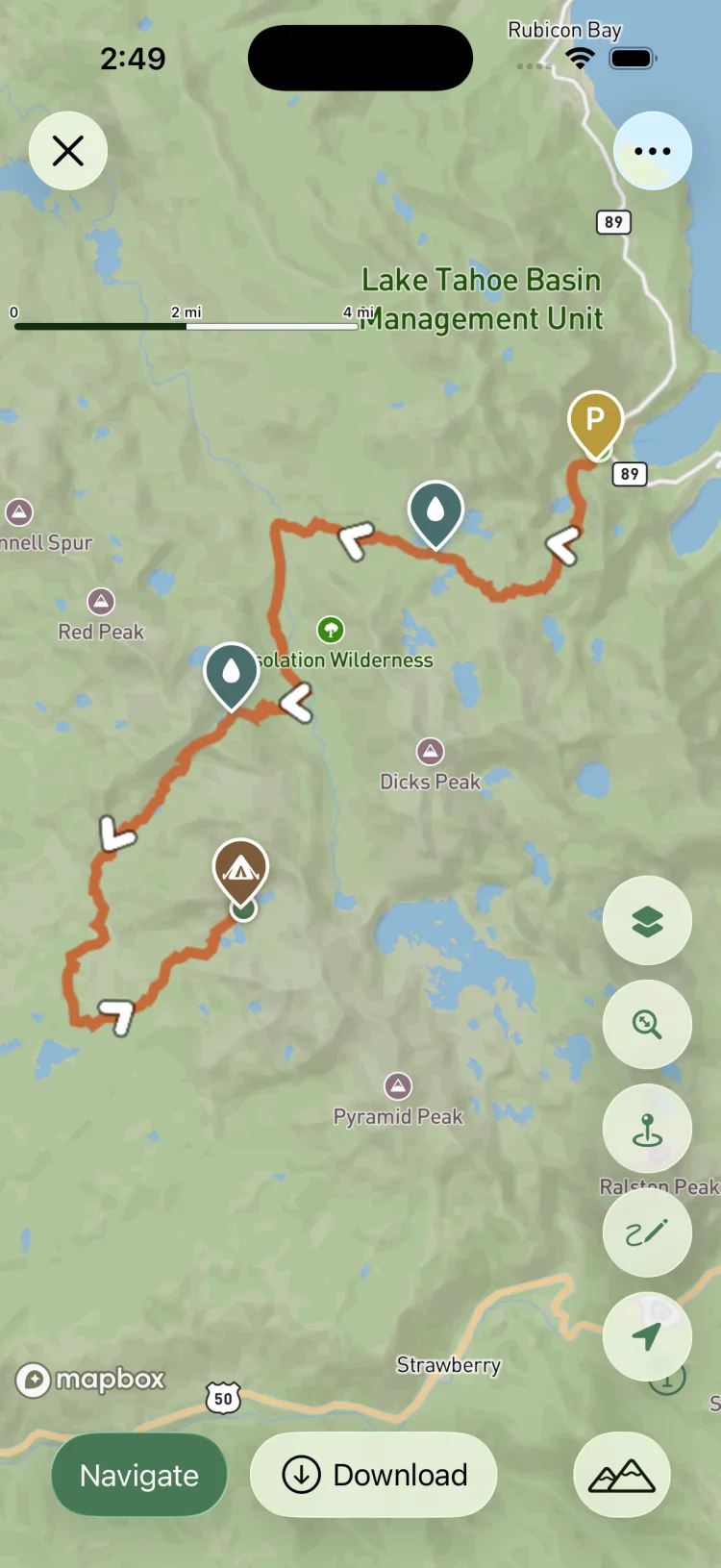 GoVenture topographic trail map showing a planned hiking route through Desolation Wilderness with campsite, water source and parking waypoints