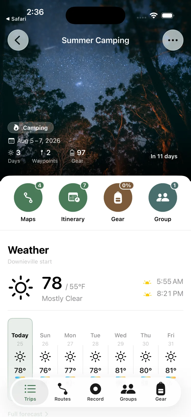 GoVenture trip dashboard for a summer camping trip with maps, itinerary, gear and group shortcuts plus a seven day weather forecast