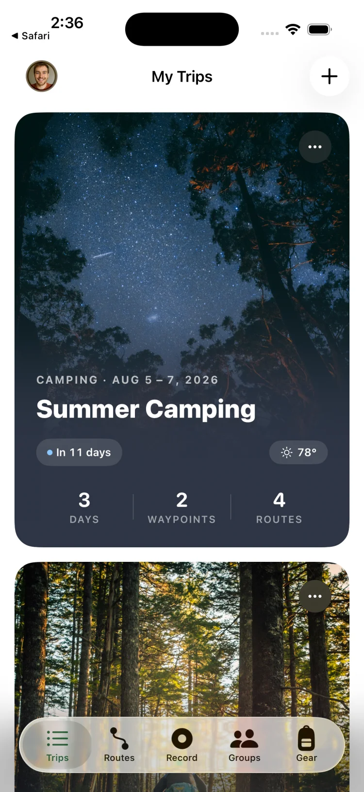 GoVenture trip dashboard showing upcoming outdoor trips