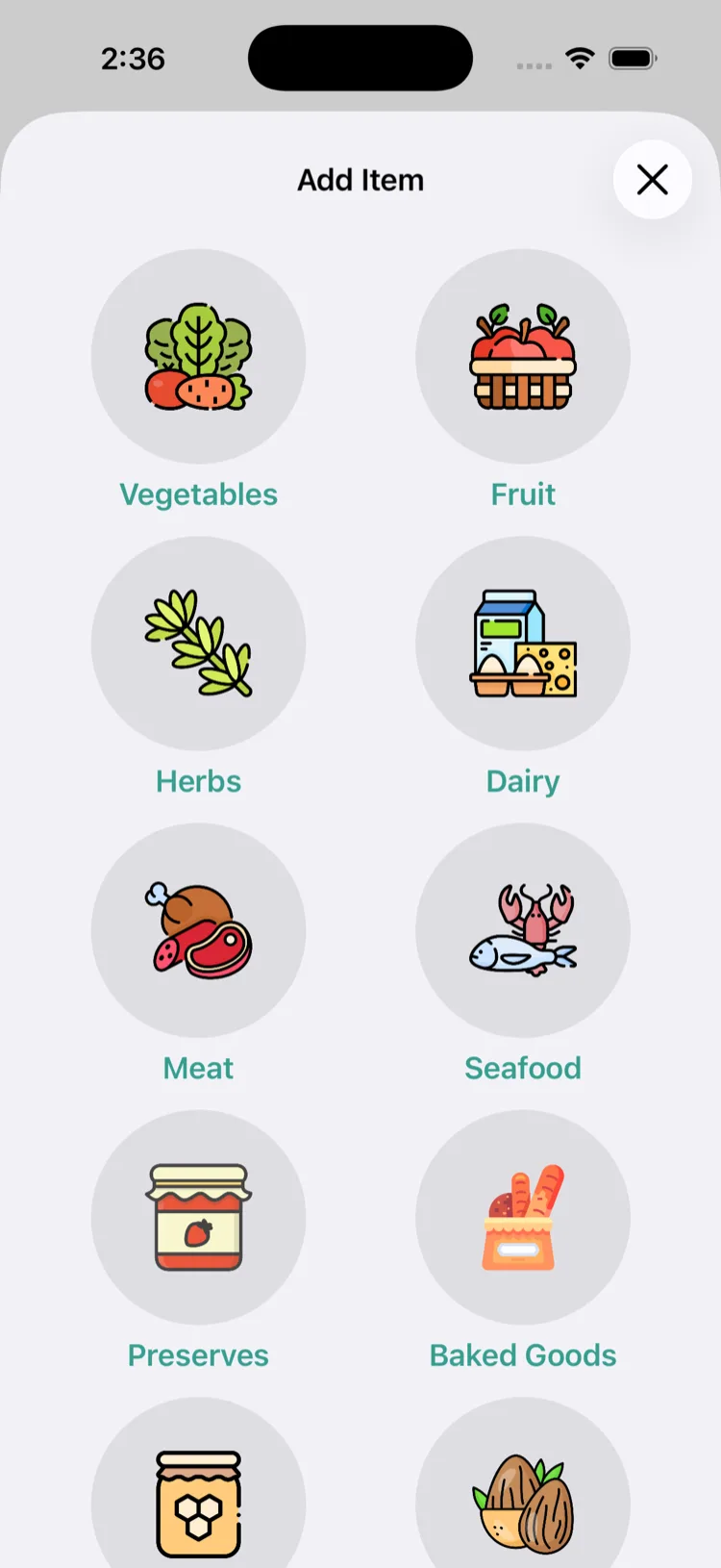 JustRype add item screen with categories from vegetables to baked goods