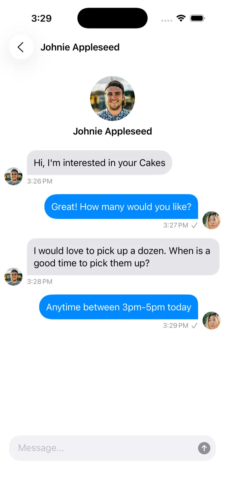 JustRype in-app chat between a buyer and a local grower about a listing
