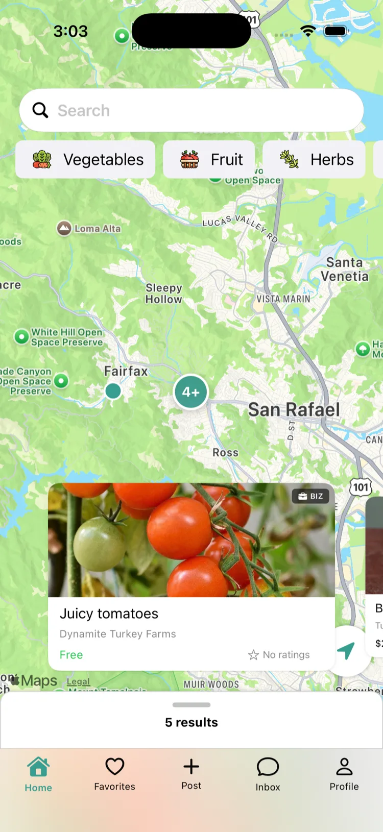 JustRype map view showing a local food business pinned in the neighborhood
