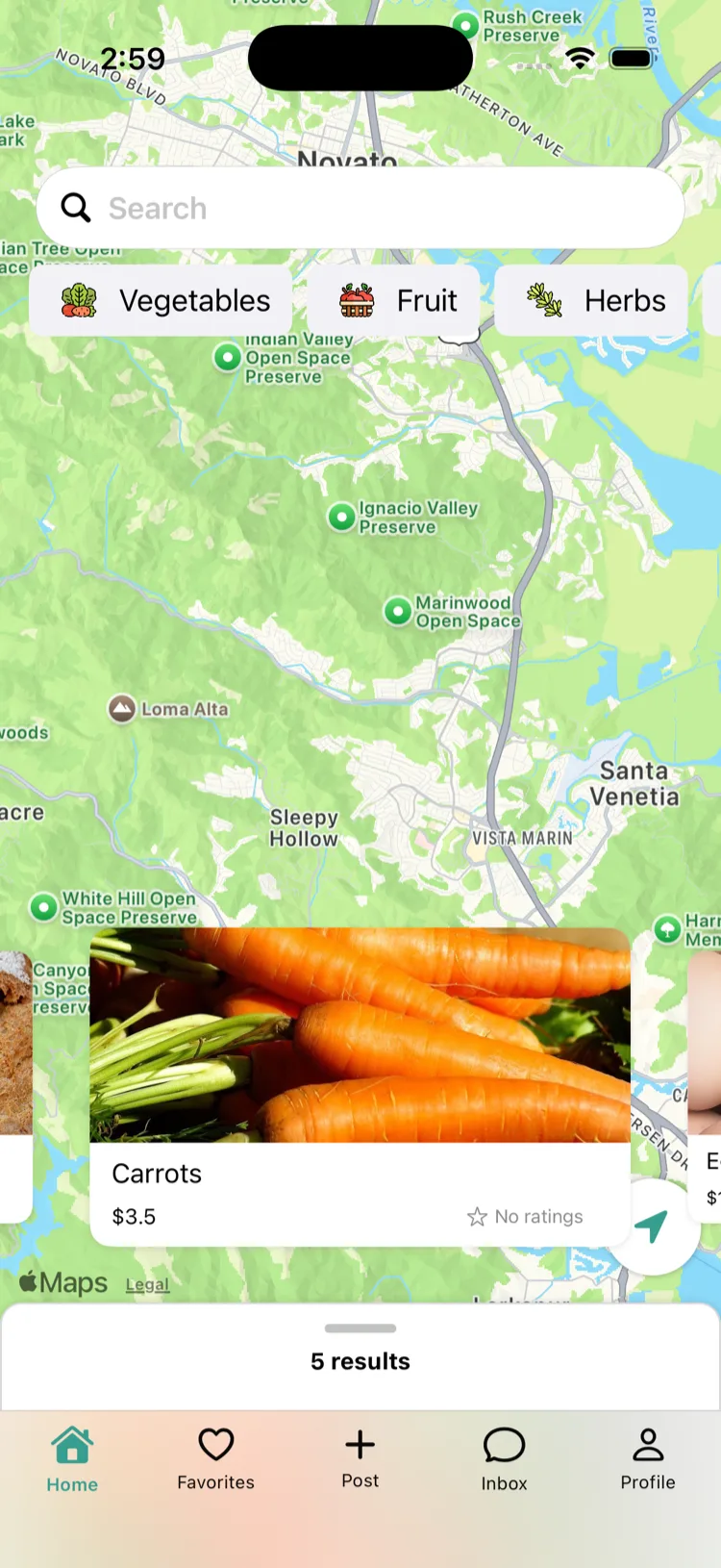 JustRype map view showing produce, baked goods and handmade listings available in the neighborhood