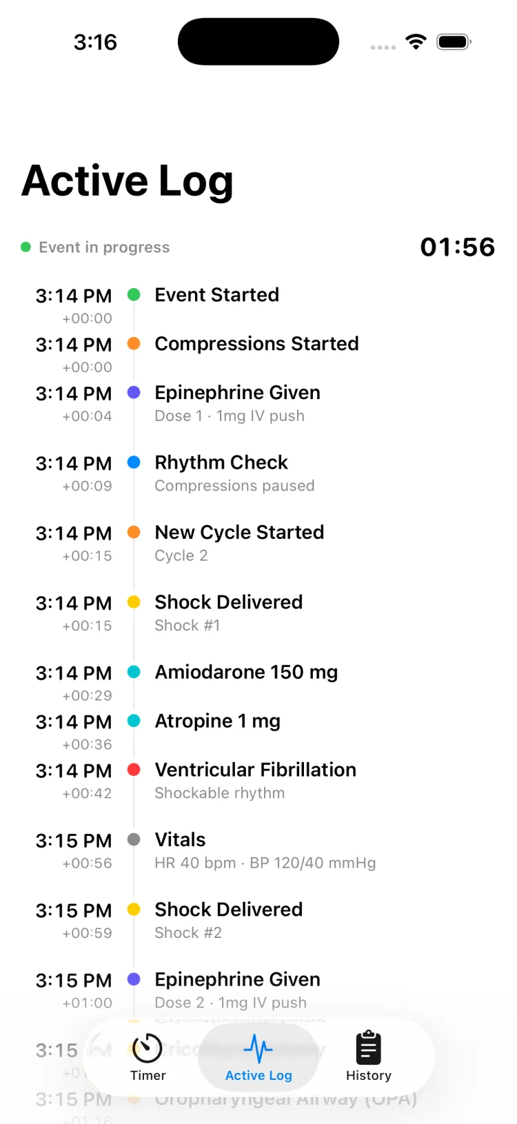 MedCode live event timeline showing medications, shocks and rhythm changes with timestamps during a practice session