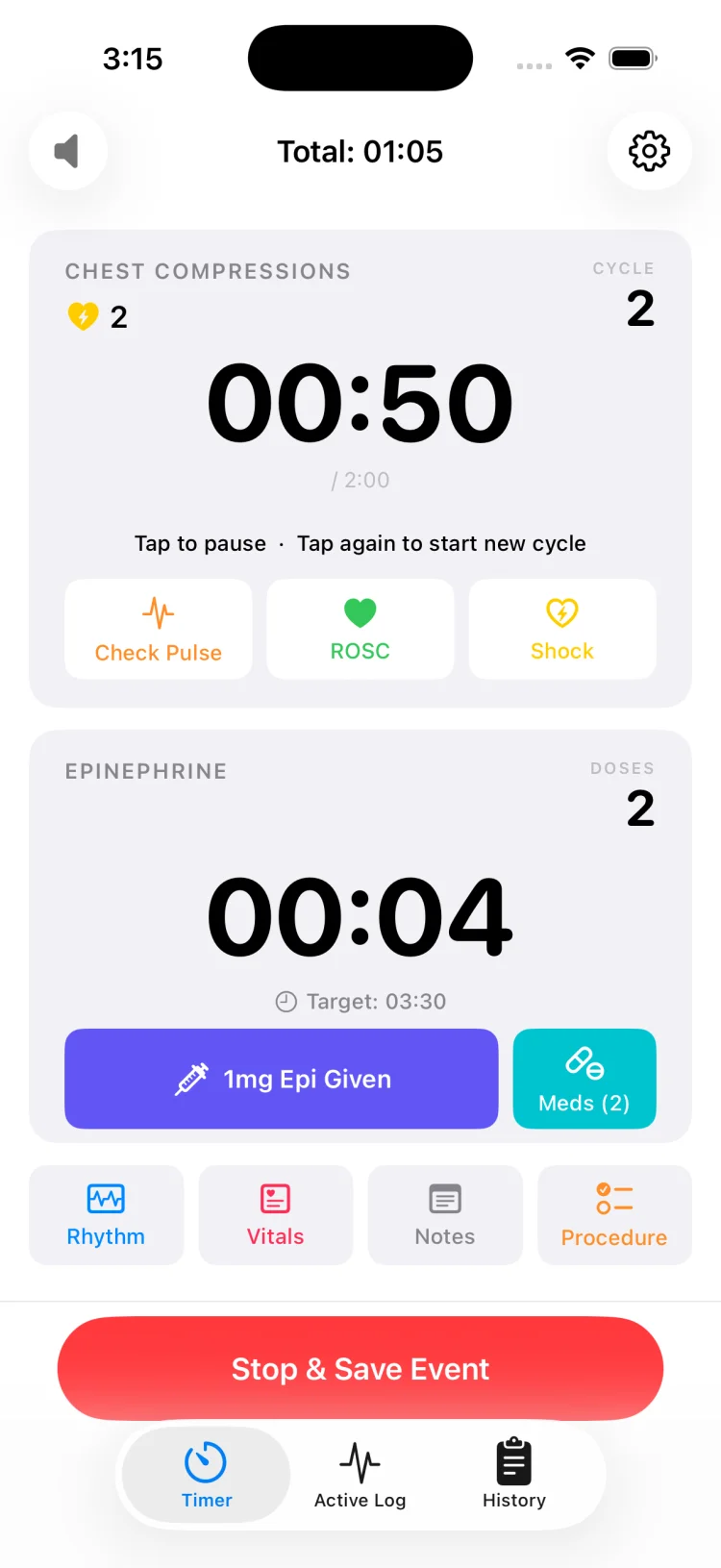 MedCode showing the compression timer and epinephrine timer running side by side