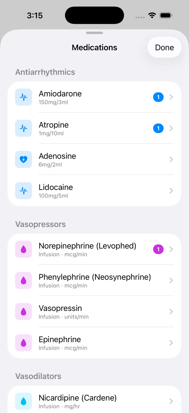MedCode medication logging screen showing medication list with quick-tap entry