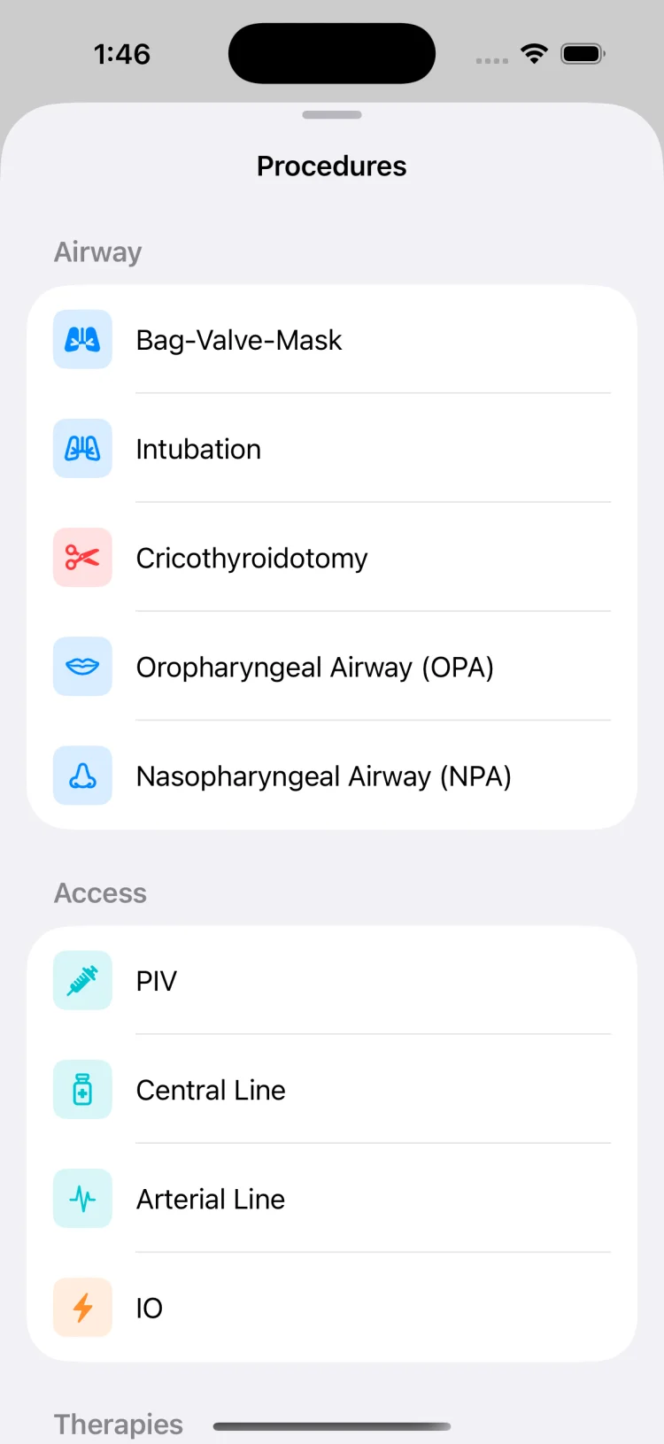 MedCode procedure logging screen showing airway, vascular access and electrical therapy interventions