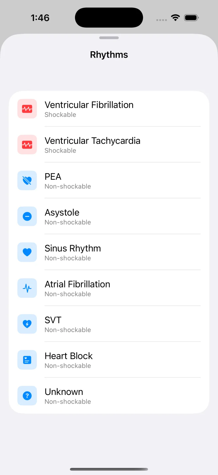 MedCode rhythm selection screen showing the 9-option rhythm picker