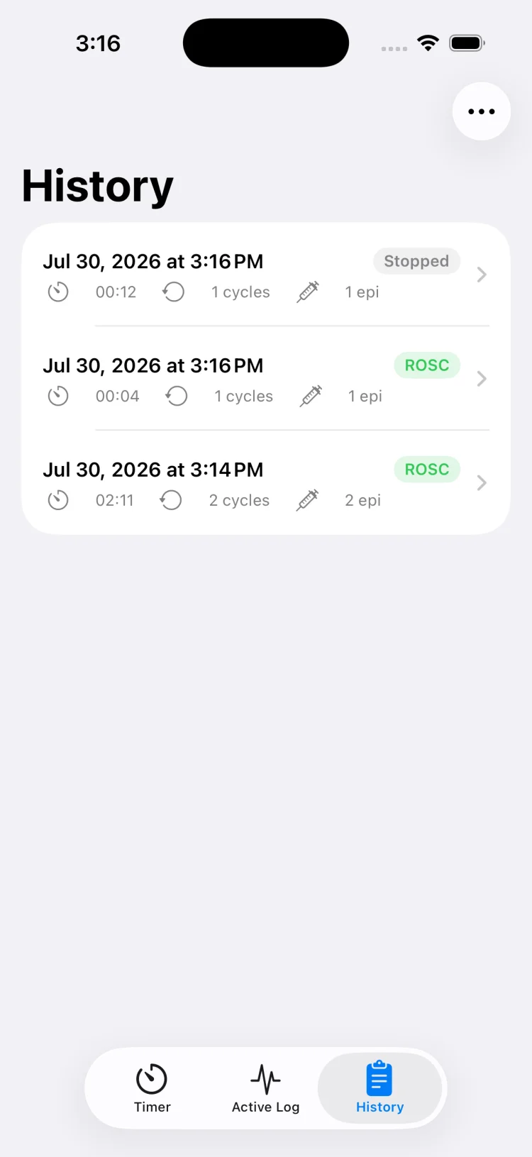 MedCode session history listing past resuscitation events by date, duration and event count for later review and debrief