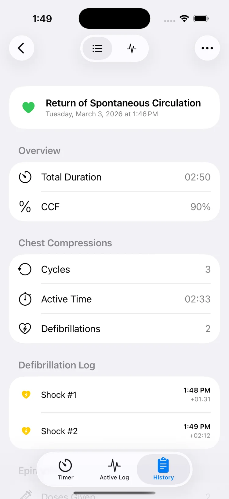 MedCode session summary screen showing elapsed time, event count, and session totals after a completed mock code