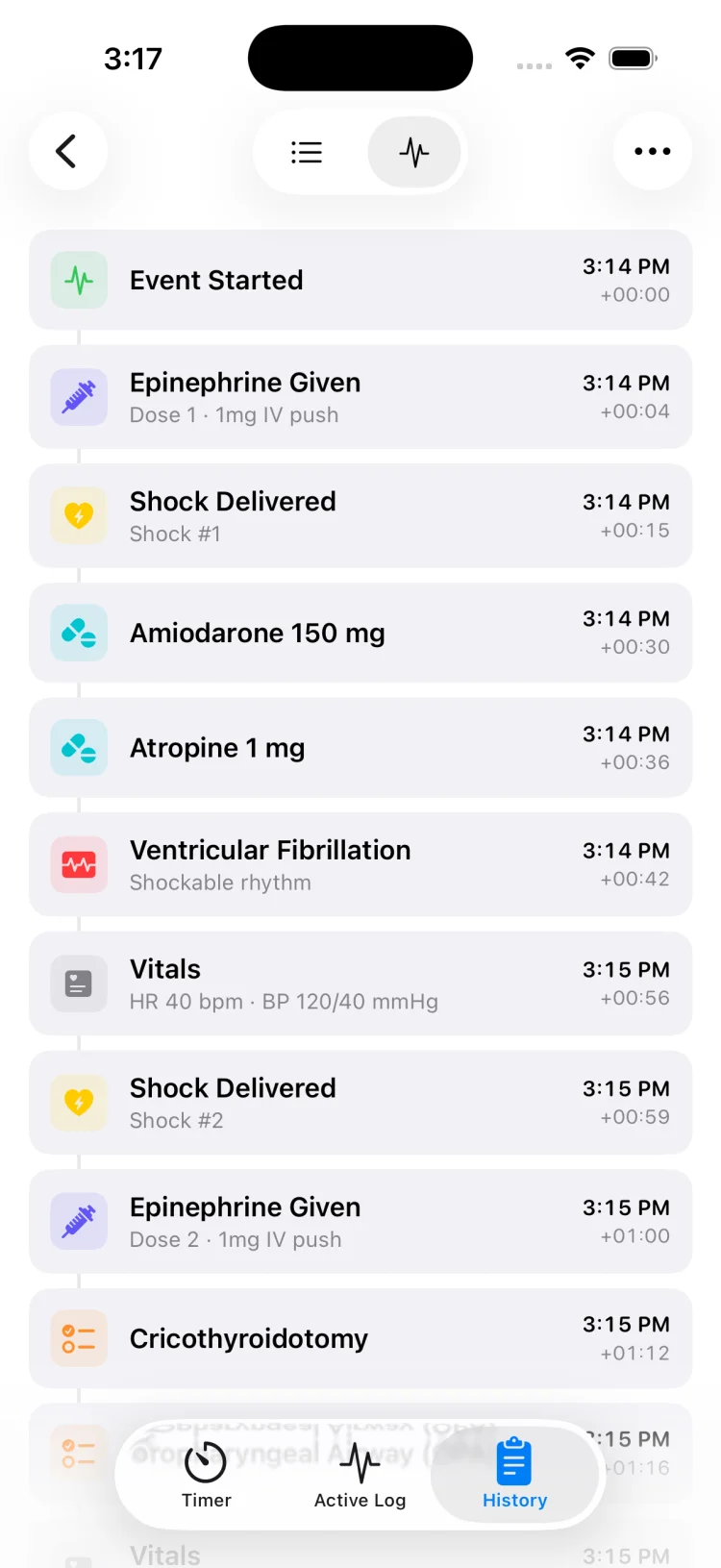 MedCode saved session detail screen showing a complete timeline of a past resuscitation event with all logged interventions and timestamps