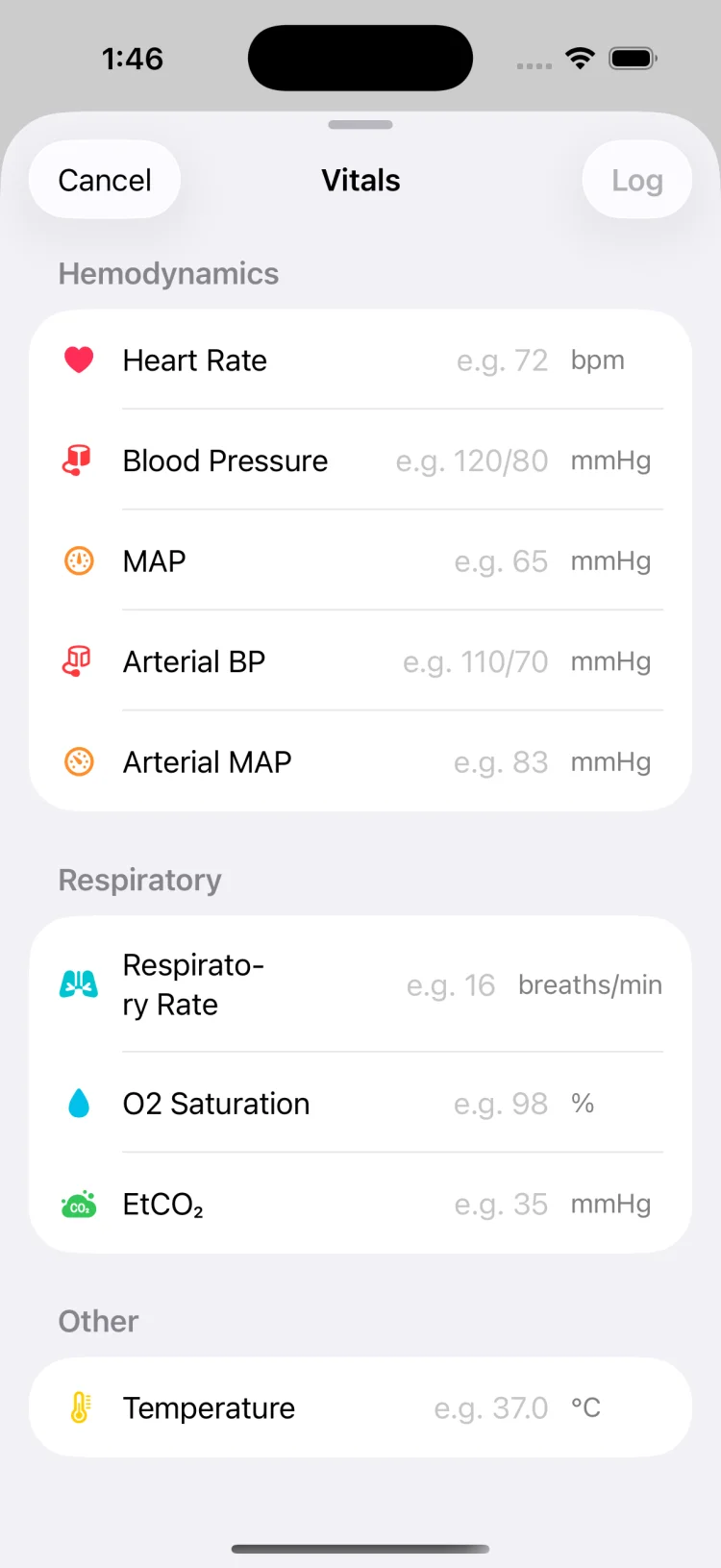 MedCode vitals entry screen with fields for heart rate, blood pressure, MAP, SpO2, EtCO2 and temperature