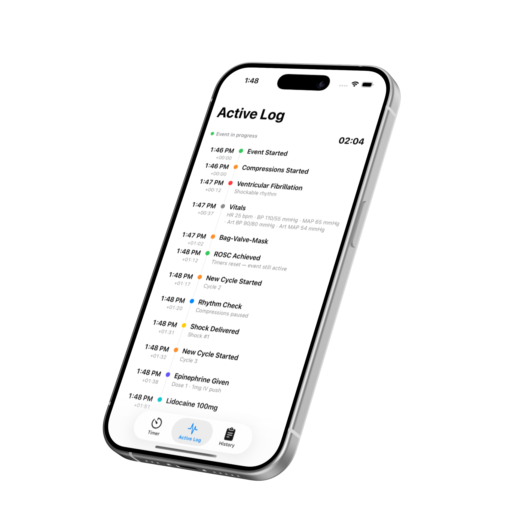 MedCode active log with timestamped event timeline