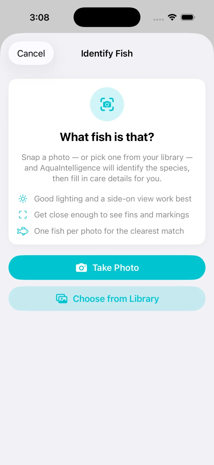 TankSync AI fish identification screen showing photo analysis with species match confidence scores