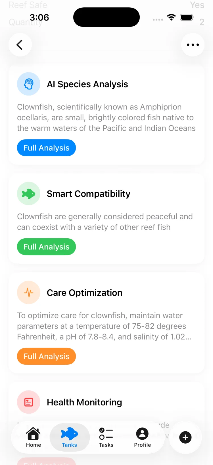 TankSync AI-powered species analysis showing compatibility insights and care requirements for a specific fish, available on the Pro subscription tier