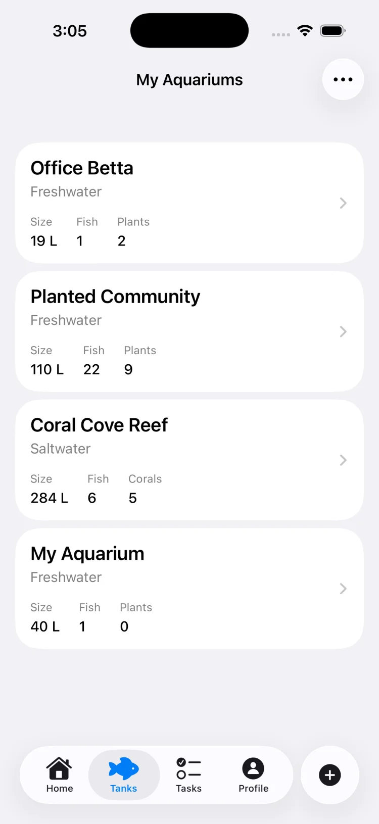 TankSync aquarium list showing multiple tanks with different water types and health scores