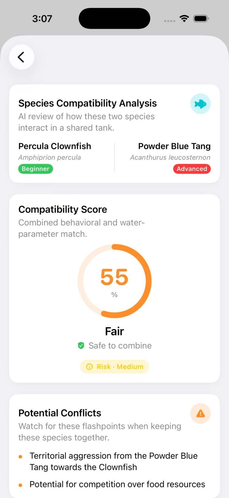 TankSync compatibility score breakdown showing conflicts categorized by severity with specific explanations for each incompatibility