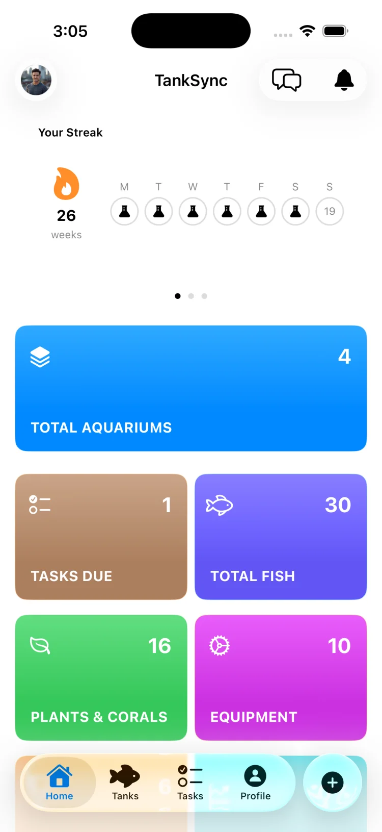 TankSync dashboard showing tank stats and water parameter status at a glance