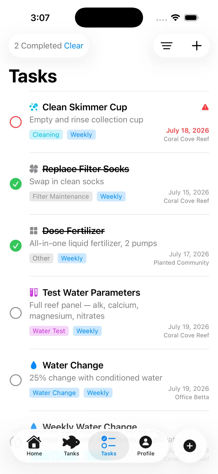 TankSync maintenance tasks screen showing recurring tasks, due dates, overdue flags and completion status