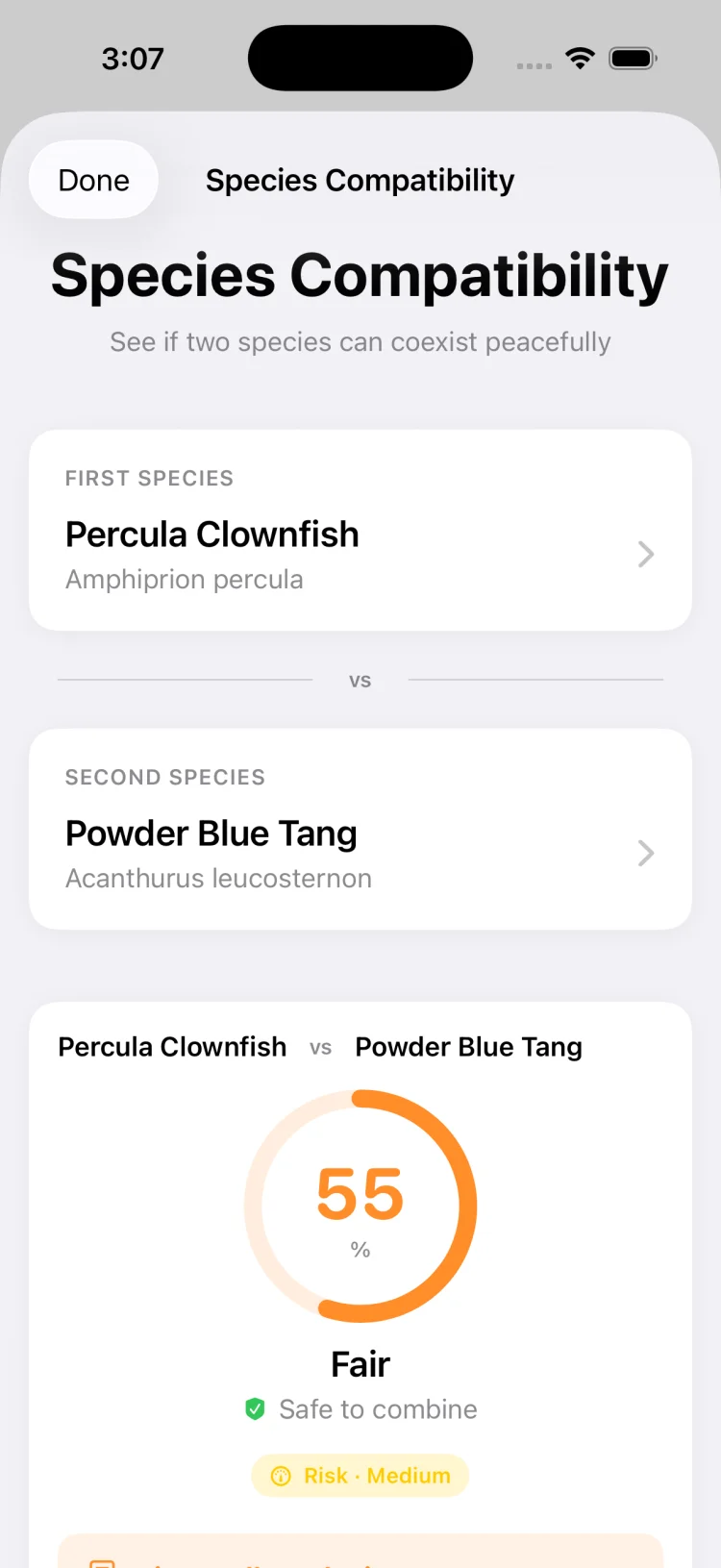 TankSync species compatibility check showing a new fish being evaluated against the existing tank inhabitants with detailed conflict warnings