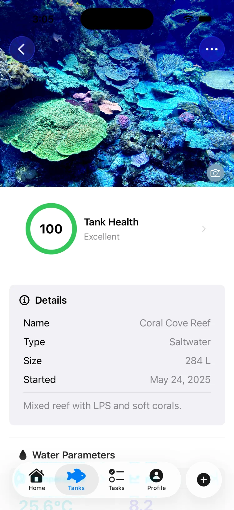 TankSync tank health score breakdown showing water quality weighted at 40 percent, with stocking, maintenance, and cycling contributing to the overall score